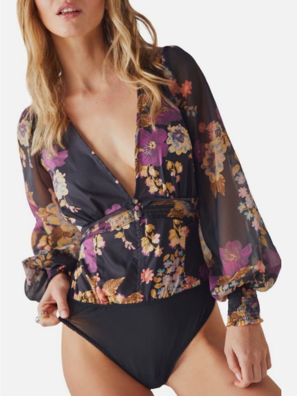 NWT Free People Intimately Floral Bodysuit Sheer Balloon Sleeve Black $128